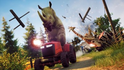 Captura de pantalla de Goat Simulator 3 que muestra un rinoceronte manejando un tractor