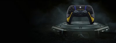 Dunkler Hintergrund, der den Helldivers DualSense Wireless-Controller zeigt