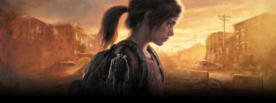 the last of us part i hero image, showing an illustrated young ellie against a sunset lit apocalyptic town background, with and illustrated joel standing near her shoulder with his gun pointed towards the ground