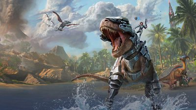 Ark: Survival Ascended screenshot featuring a dinosaur roaring loudly.