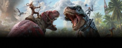 ARK: Survival Ascended key art showing two dinosaurs fighting.