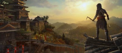 Assassin's Creed Shadows screenshot showing a character on a roof overlooking a fortress