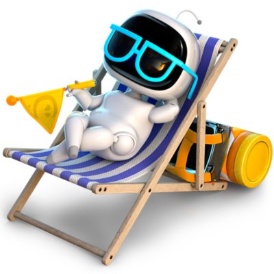 An ASTRO BOT Bot sitting on a deckchair wearing sunglasses