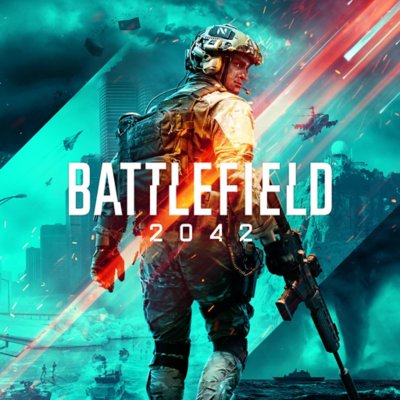 Battlefield 2042 key art featuring character looking back with some carrying weapons