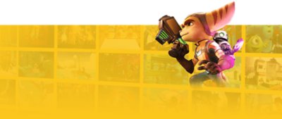 عمل فني يحمل علامة PS Plus التجارية يعرض الأعمال الفنية الرئيسية من لعبة Ratchet & Clank: Rift Apart.
