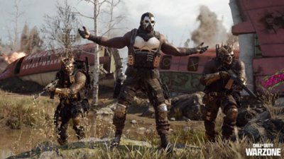 Call of Duty Warzone screenshot showing three Operators posing in front of the fuselage of a downed plane