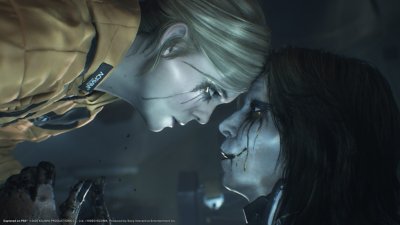 Death Stranding 2: On the Beach screenshot showing Tomorrow and Higgs face to face
