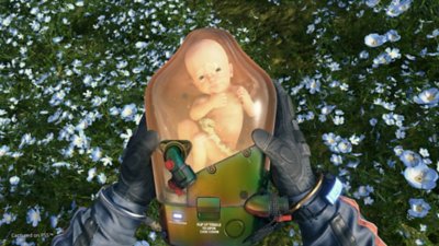 Death Stranding screenshot showing Sam holding BB from a first-person view
