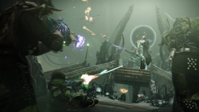 Destiny 2 Episode Heresy Act 1 screenshot showing players attacking a taller enemy that is located ahead of a circular portal behind them