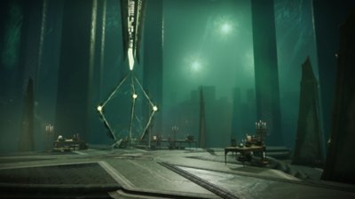 Destiny 2 Episode Heresy Act 2 screenshot showing an empty prism surrounded by tables and candles, situated in a green atrium with mist