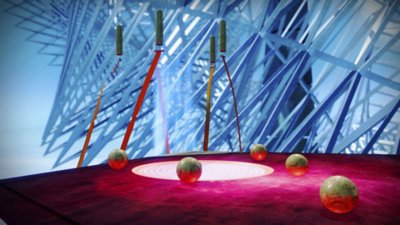 Destiny 2 Episode Heresy Act 3 screenshot showing five gold-green spheres with a set of objects that look like windchimes above them