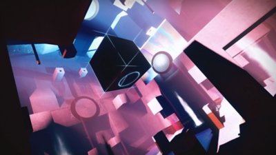 Destiny 2 Episode Heresy Act 3 screenshot showing a geometric setting with concrete blocks and a black cube in the center