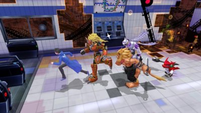 Digimon Story: Cyber Sleuth - Hacker's Memory - Screenshot di cinque personaggi che corrono in una stazione ferroviaria