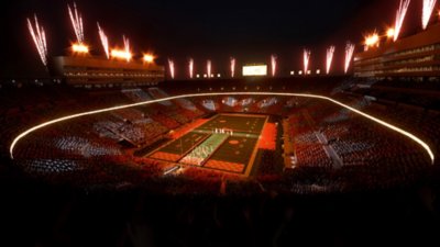 Captura de pantalla de EA Sports College Football 26 que muestra un estadio de noche