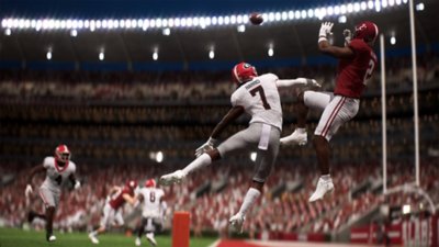 Captura de pantalla de EA Sports College Football 26 que muestra a un jugador saltando para recibir un pase