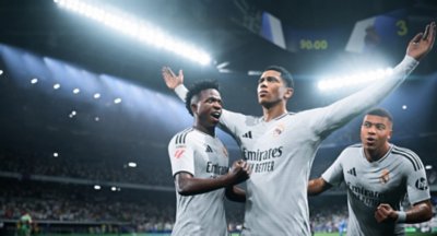 EA SPORTS FC 25 game screenshot showing three football players celebrating in a stadium