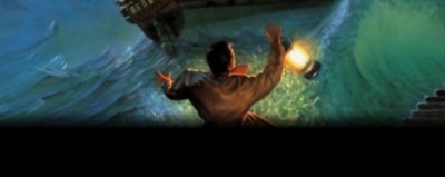 Alone in the Dark 2 key art featuring a character holding a lantern staring at a ship as it crashes on land.
