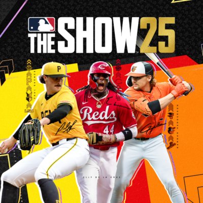 MLB The Show 25 - Immagine principale con tre personaggi in varie pose in cui lanciano, battono la palla e festeggiano.