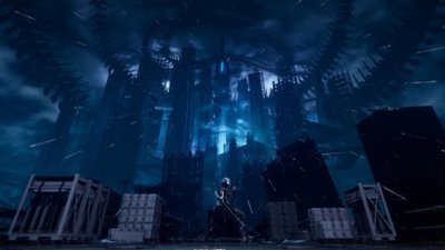 Captura de pantalla de Ninja Gaiden 4 que muestra a Yakumo blandiendo su espada frente a unos rascacielos en la Tokio de un futuro cercano