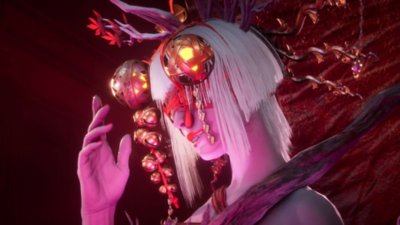 Captura de pantalla de Ninja Gaiden 4 que muestra a un personaje con los ojos vendados que tiene un ornamento en la cabeza con cascabeles