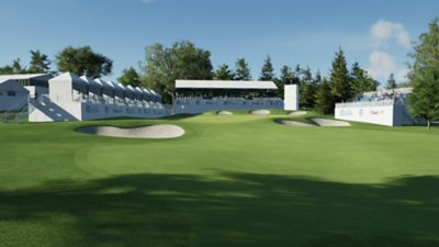 PGA Tour 2K25 screenshot showing a golf course with white structures and bunkers in the background