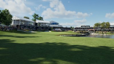 PGA Tour 2K25 screenshot showing a course with a large body of water on the right side of it