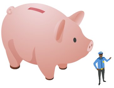 A dreamlike image showing a security guard on duty in front of a giant piggybank.