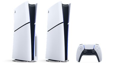 PlayStation 5 and PlayStation Digital console, along with a single DualSense wireless controller standing vertically