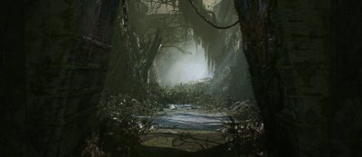 Returnal background art showing a long corridor in an alien environment.