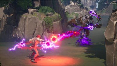 Smite 2 screenshot showing a winged, bearded god exchanging fire with a fellow deity.