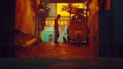 Stray screenshot showing the hero cat looking up at a robot