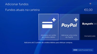 O ecrã Adicionar fundos da PS4 com os fundos atuais na carteira é apresentado no canto superior direito.