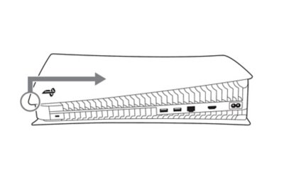 Side view of the PS5 console. An arrow indicates the top cover being lifted up and to the right.