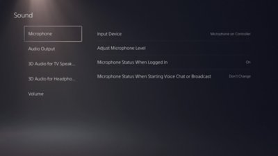 PS5 Sound screen with Microphone highlighted in the left-hand menu.