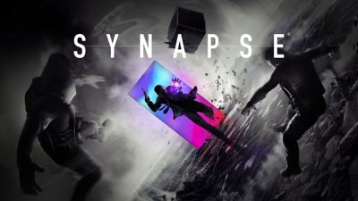 Synapse - Immagine principale che mostra un personaggio che attraversa una porta rettangolare con i colori dell’arcobaleno e combatte contro un nemico.