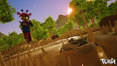 Tchia screenshot showing the main character running towards a crab while wearing a crab hat
