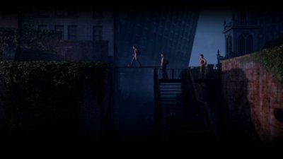 The Last of Us Part I screenshot showing Ellie walking on a wooden plank between two buildings, while Joel and Tess watch