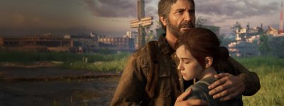 Background image from The Last of Us Part I Remastered, showing Joel embracing Ellie.