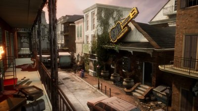 Captura de pantalla de TWDSS Capítulo 2 Retribución que muestra una vista de una calle comercial urbana