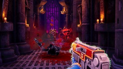 Warhammer 40,000: Boltgun screenshot showing a character shooting a gun down a hallway.