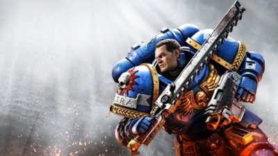 Warhammer 40,000: Space Marine 2 - Illustrazione eroe di un marine in armatura blu mentre carica