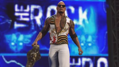 WWE 2K25 screenshot showing The Rock making an entrance while holding the People's Champion belt